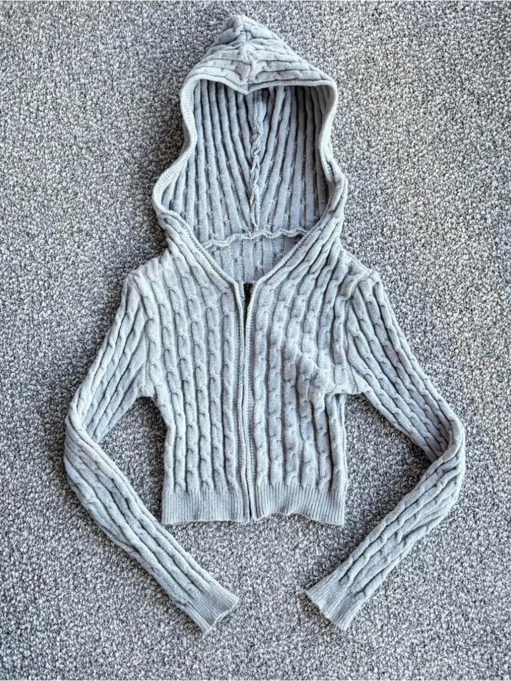Light Gray Cable-Knit Hoodie Sweater